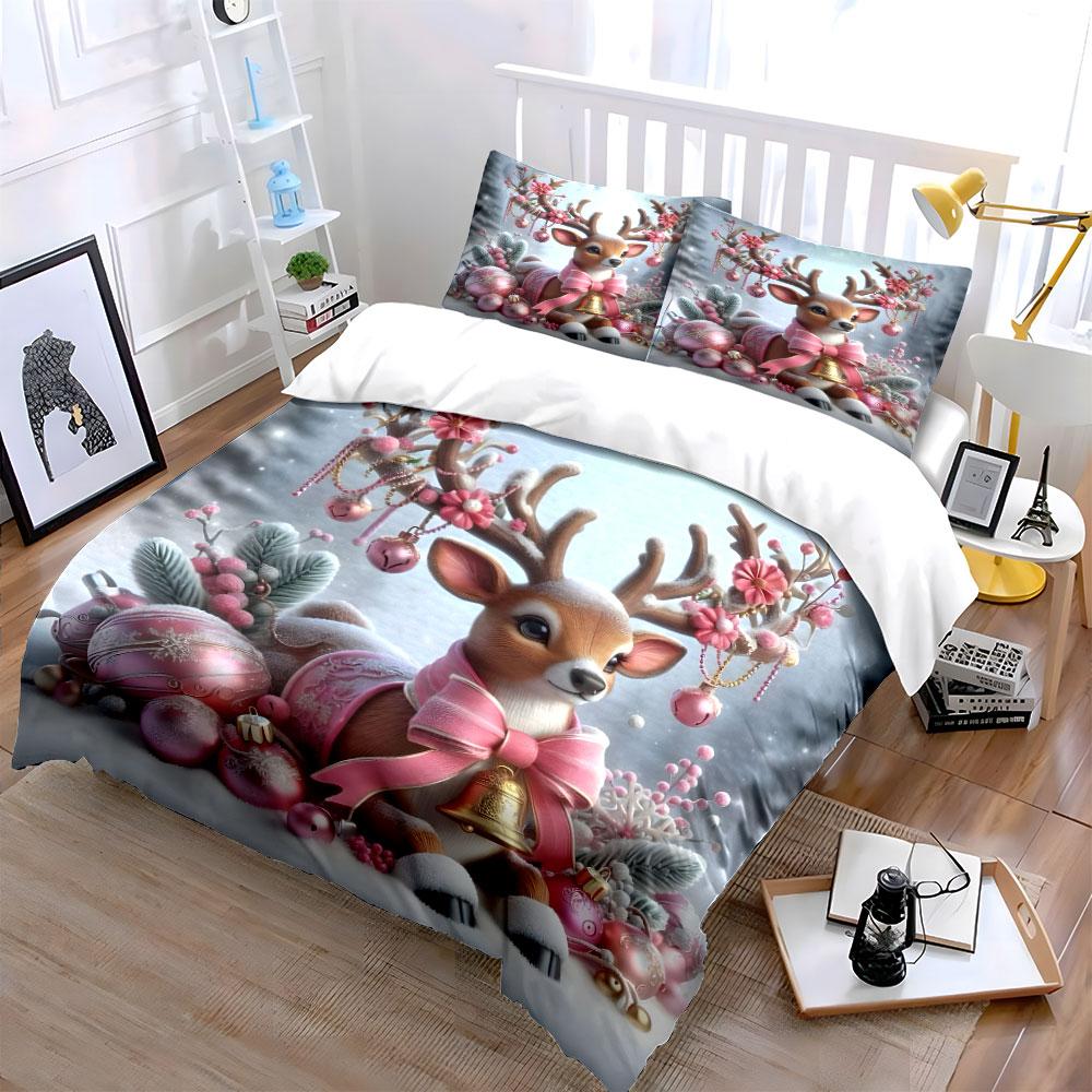 Christmas Reindeer Ornament Set Soft Skin-Friendly Bedding Set Includes 1 Duvet Cover And 2 Pillowcase Gift