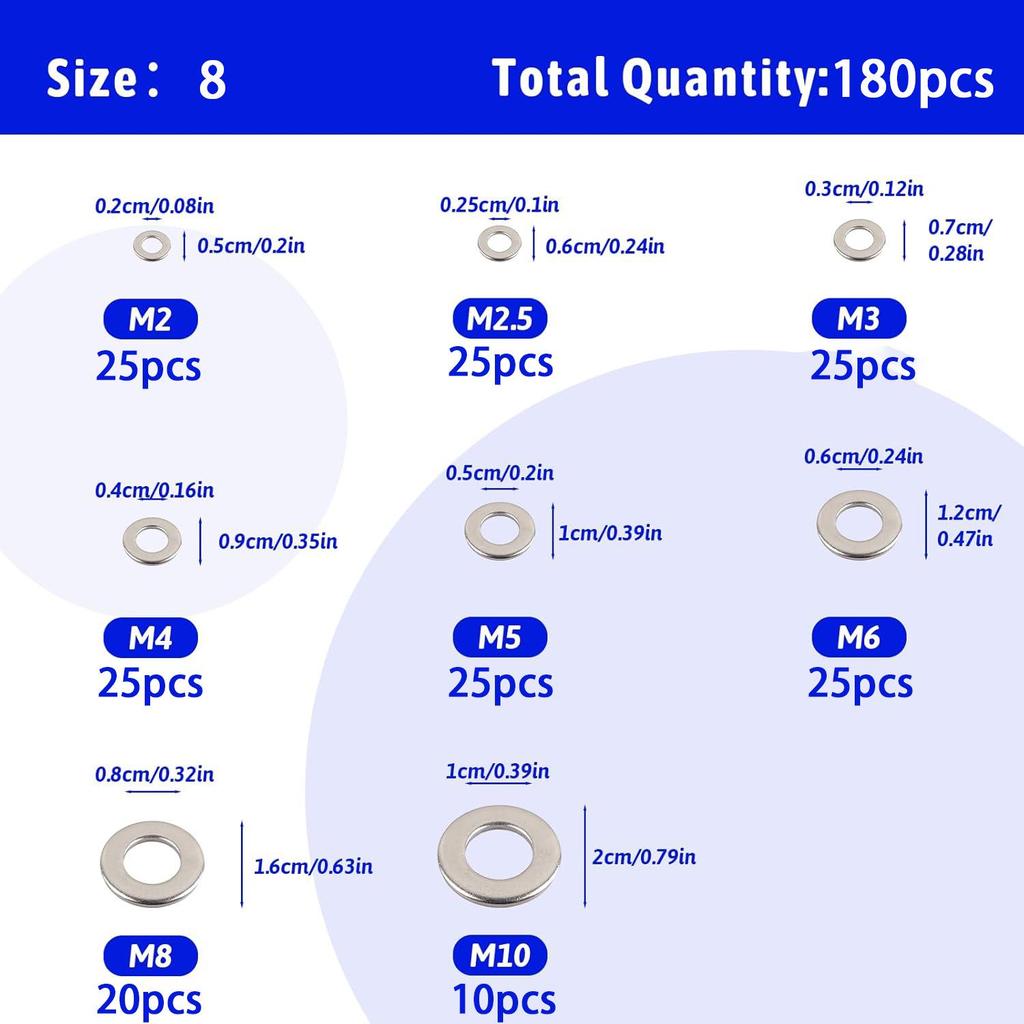 180-Piece Stainless Steel Flat Washers for DIY, Sealing, and Repairs
