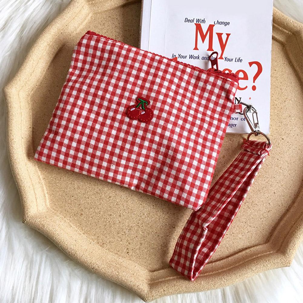 Red Cherry Canvas & Red Plaid Makeup Bag - Large Capacity Cosmetic Lipstick Storage, Portable Easy to Carry, Solve Makeup Clutte