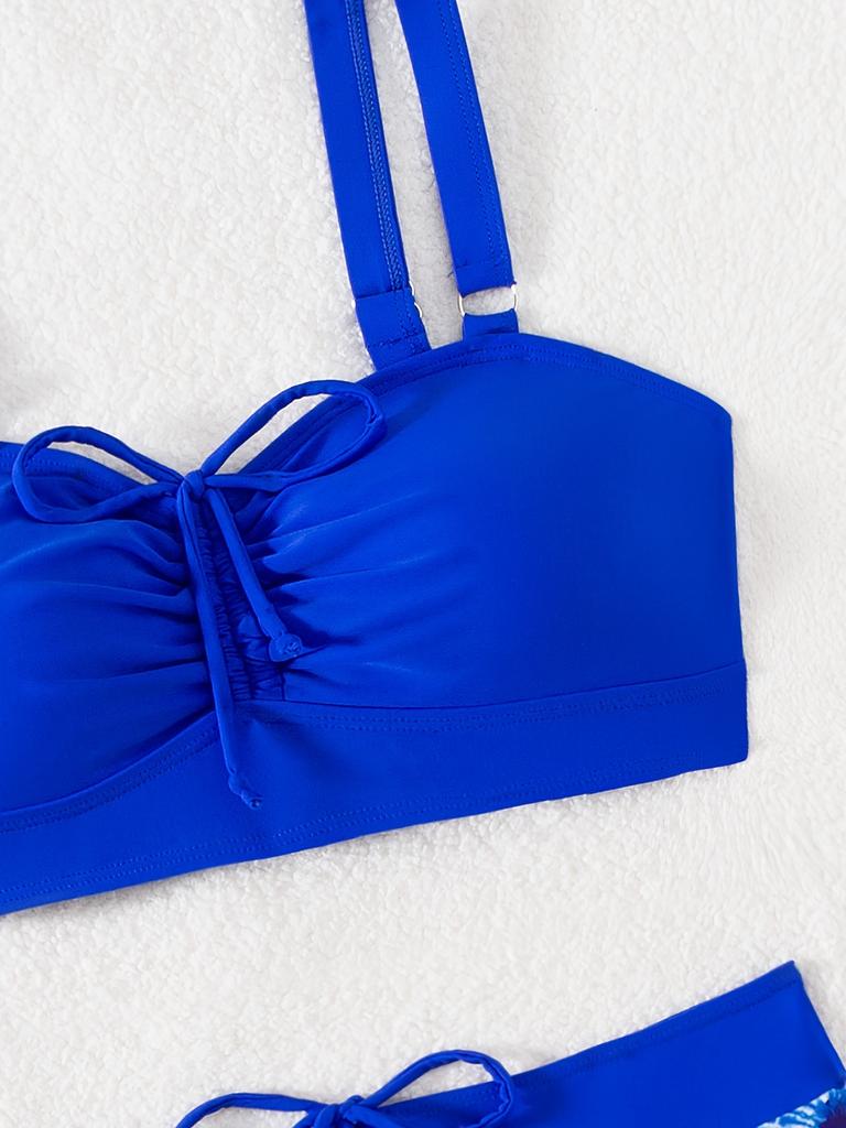 Bikini de Dos Piezas con Estampado de Bloques de Color de Moda con Cordón en el Pecho y la Cintura Moda Para Vacaciones