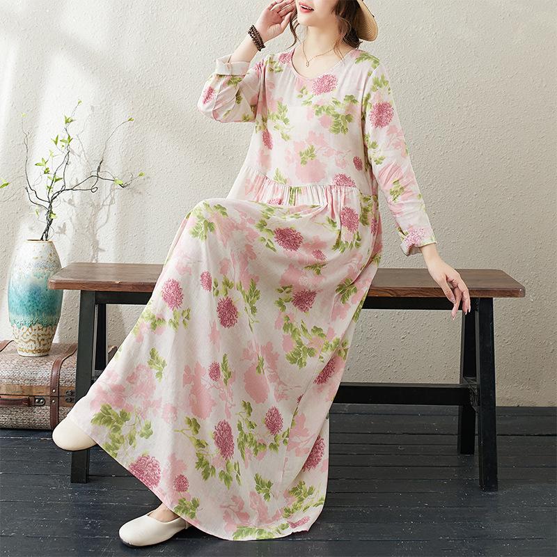 Autumn Literary Plus Size Loose Print Round Neck Long Sleeved Dress for Women Dresses