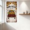 Panneau Métallique Vintage 'Farm Fresh Sinflower' avec Fond en Planche de Bois, Tournesols, Camionnette Rouge, Abeilles - Déco Rustique de Ferme