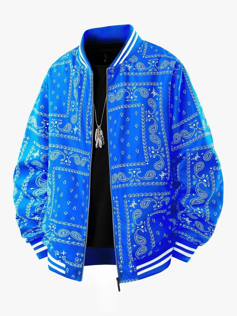 Men's Black Paisley Print Zip Up Track Jacket with Contrast Stripes