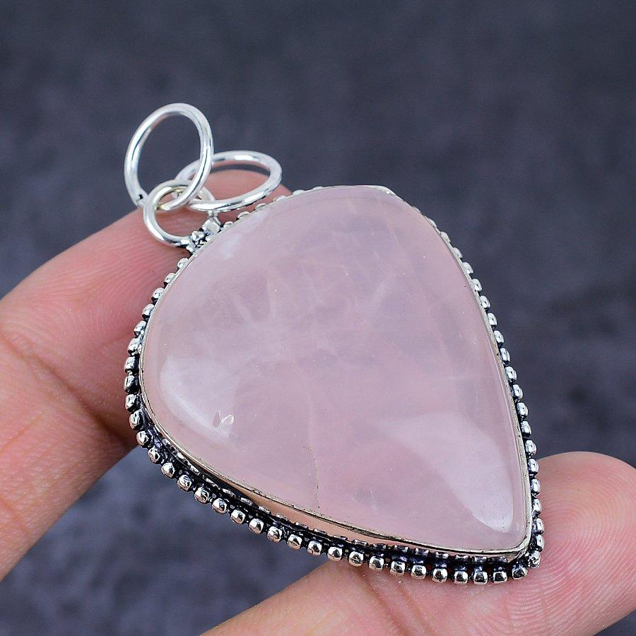 Natürlicher Rosenquarz Edelstein 925 Sterlingsilber Schmuck Anhänger 2.36" Q0o30