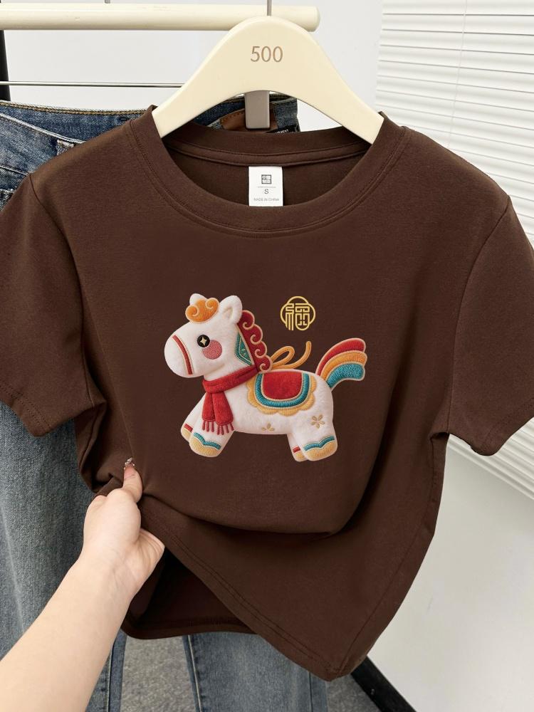 2026 Women's Plus Size T-shirt: Little Horse Print, Round Neck, Short Sleeve, Stylish, Tummy-Covering Design