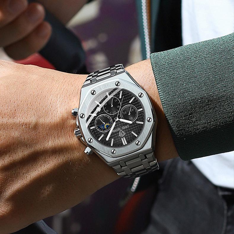 High-End Waterproof Multi-Function Men's Steel Belt Watch with Moon Phase Feature