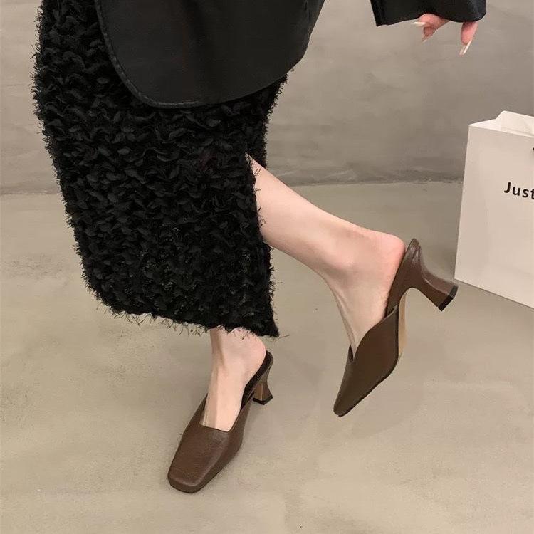 Temperament high-heeled bag head half slippers outer wear women's shoes spring and summer 2025 new thick heel not tired feet shallow mouth slippers