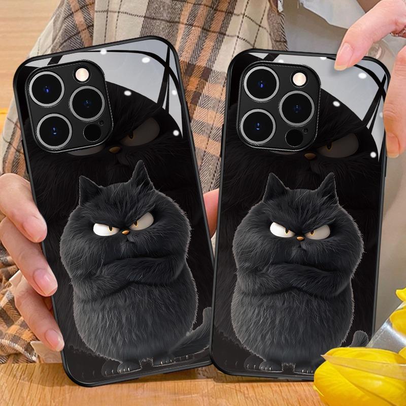 Cool Black Cat Pattern Glass Material Phone Case For iPhone 17 16 15 14 Pro Max 13 12 11 Pro 17 Air 16E 7 8 Plus XR XS X Cover