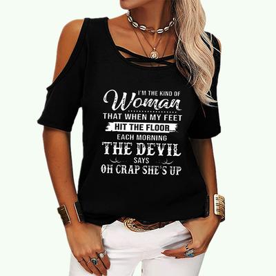 Women Fashion Off Shoulder Top Summer&fall Round Neck Short Sleeve Tee Shirt Ladies Casual Letter Print T-shirt