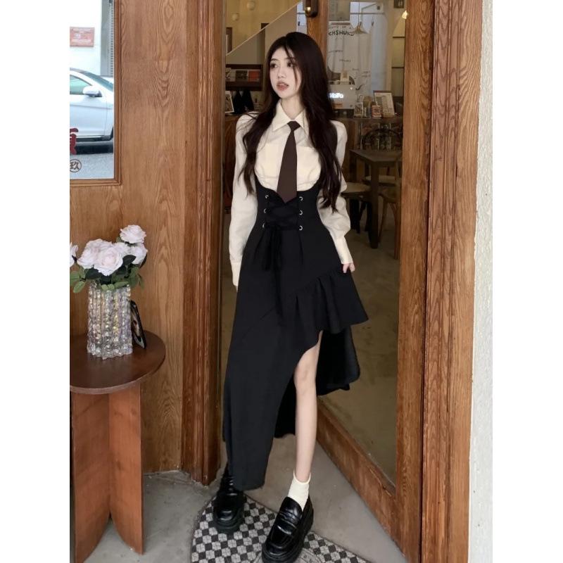 Wiosenny koreański słodki i pikantny dwuczęściowy zestaw spódnic retro ogrodniczki – uniwersalny styl casualowy