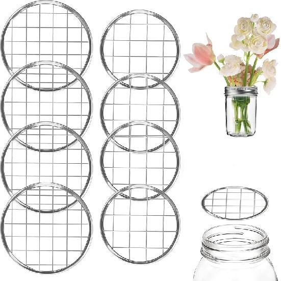 Metal Mason Jar Lid, 8 PCS Flower Jar Frog Lid ert Floral Arrangement Supplies Floral Organizer Lids ert with Square Grids Flower Arrangement Holder