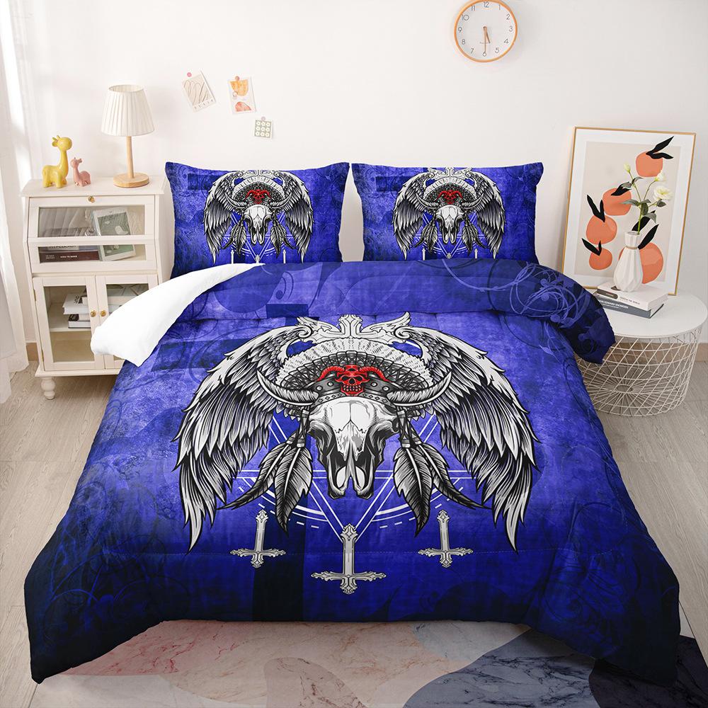 3D-Blumen-Schädelkopf-Bettwäsche-Set, Gothic-Horror-Daunen-Bettbezug, Kissenbezug, 2/3-teilig, Halloween, volle Größe, Heimtextilien, Herren-Bettbezug