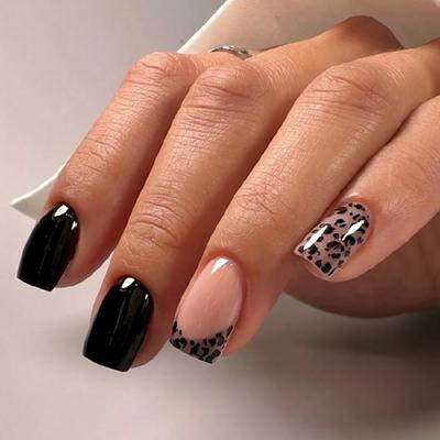 Uñas Postizas Francesas de Leopardo Pegamento para Uñas Postizas Pegar en la Uña Uña Adhesiva Cuadrada Uña de Presión Uña Postiza Artificial para Mujeres Niñas
