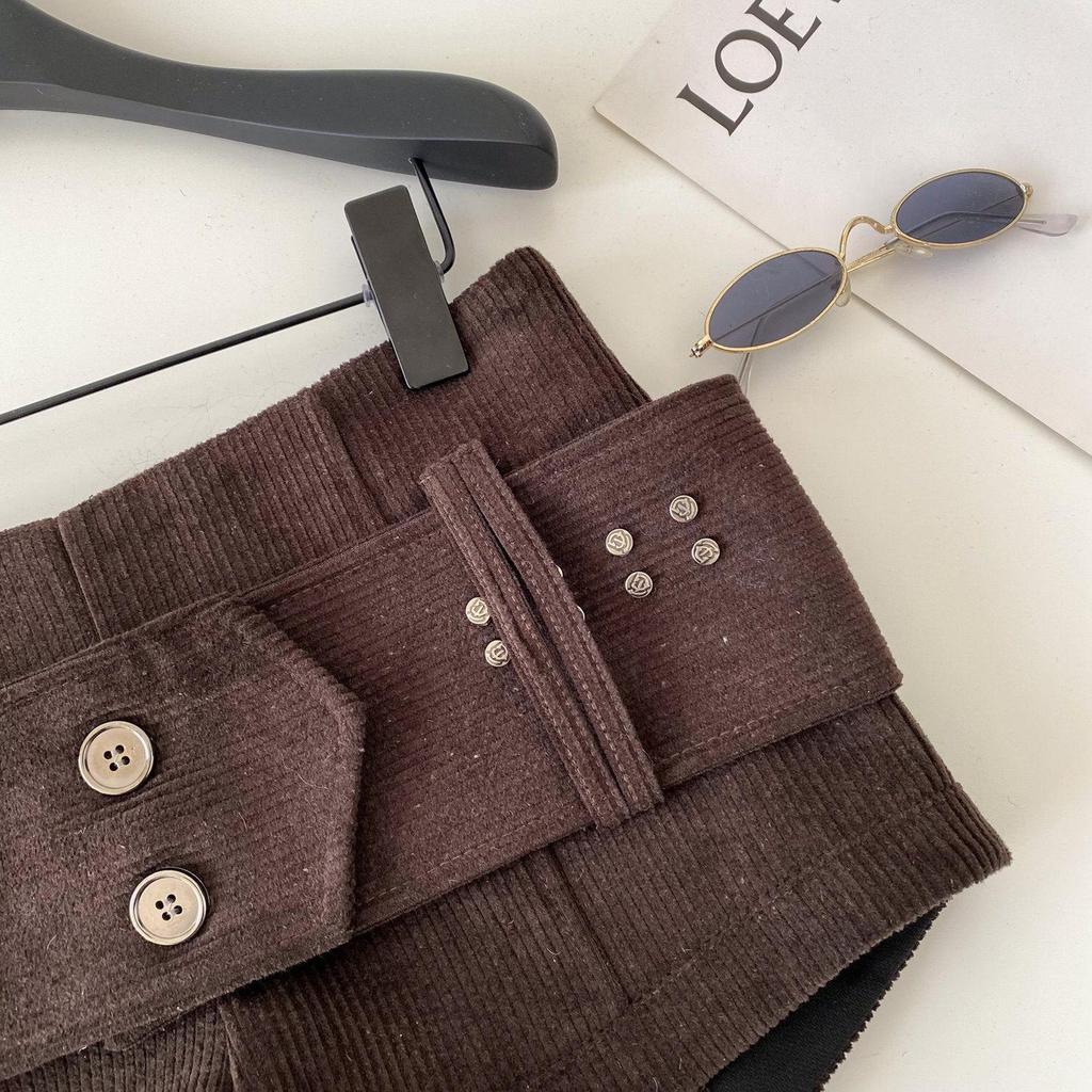 American Retro Low-Waist Corduroy Belted Shorts for Women - Autumn/Winter Fashion