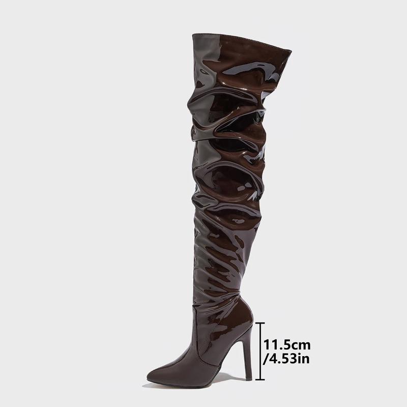 Fashion Sharp Pointed Patent Leather Fashionable Women's Boots Model Walking High Heels Boots Brown High Top Knee Size