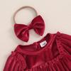 Newborn Baby Girls Romper Christmas Clothes Solid Color Round Neck Long Sleeve Velvet Jumpsuits with Headband Xmas Outfits