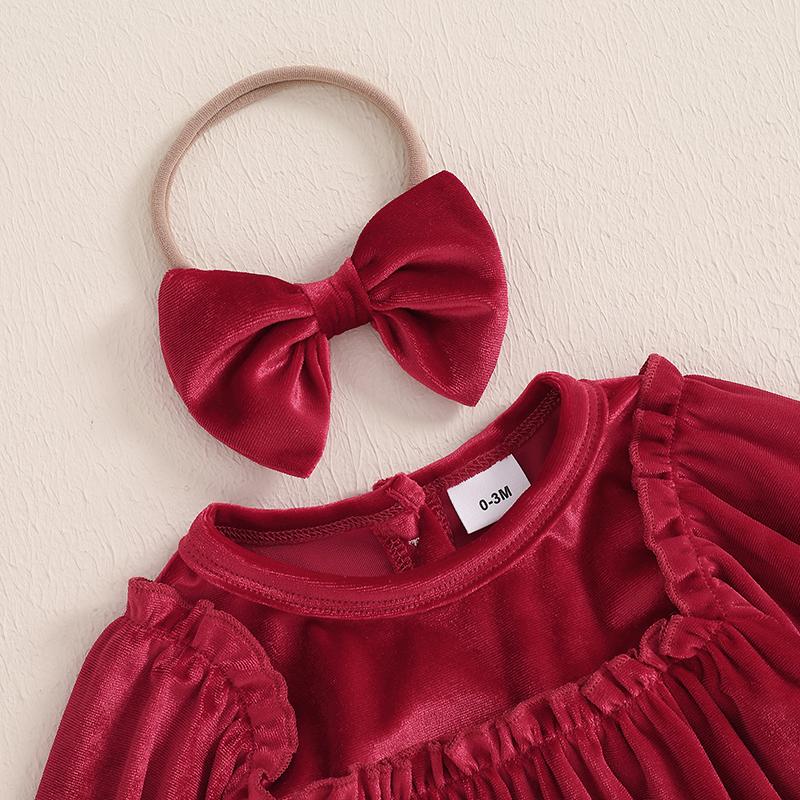 Newborn Baby Girls Romper Christmas Clothes Solid Color Round Neck Long Sleeve Velvet Jumpsuits with Headband Xmas Outfits