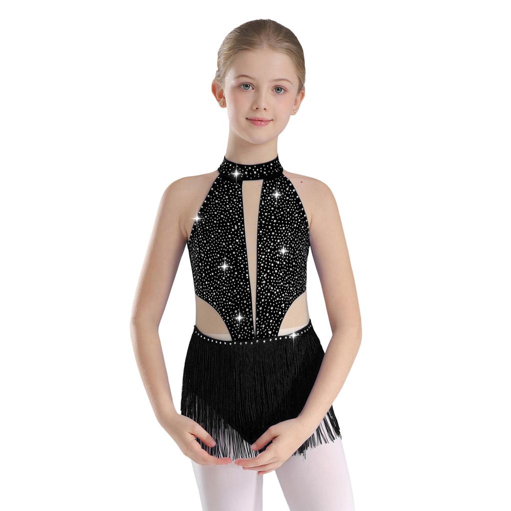 Girls Sparkly Performance Bodysuit Sleeveless Backless Style Rhinestone Fringe Detail Latin Dance