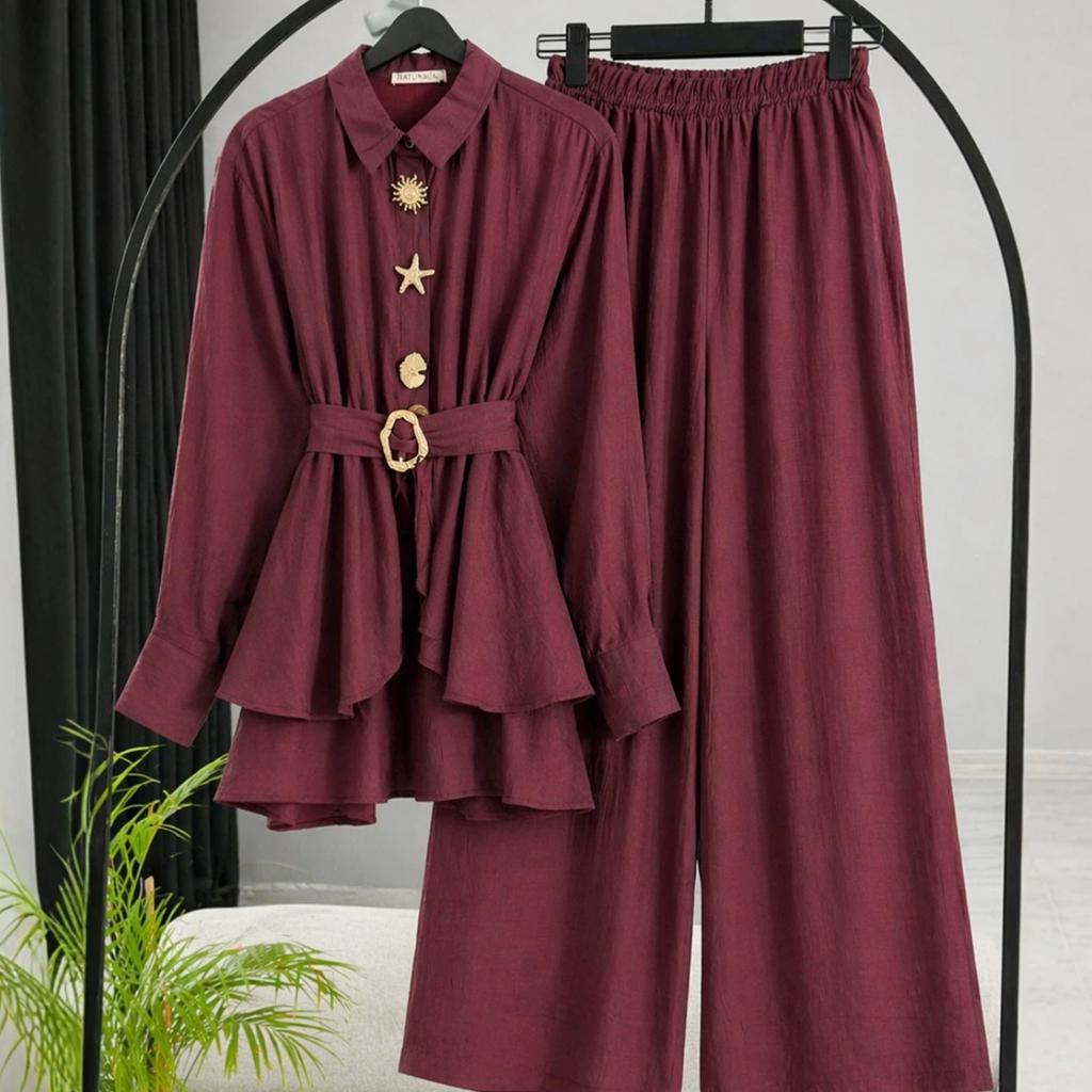 European and American Foreign Trade Women's Clothing Amazon Cross-border Spring and Autumn Long-sleeved Waist Belt Thin Top Wide-leg Trousers Set