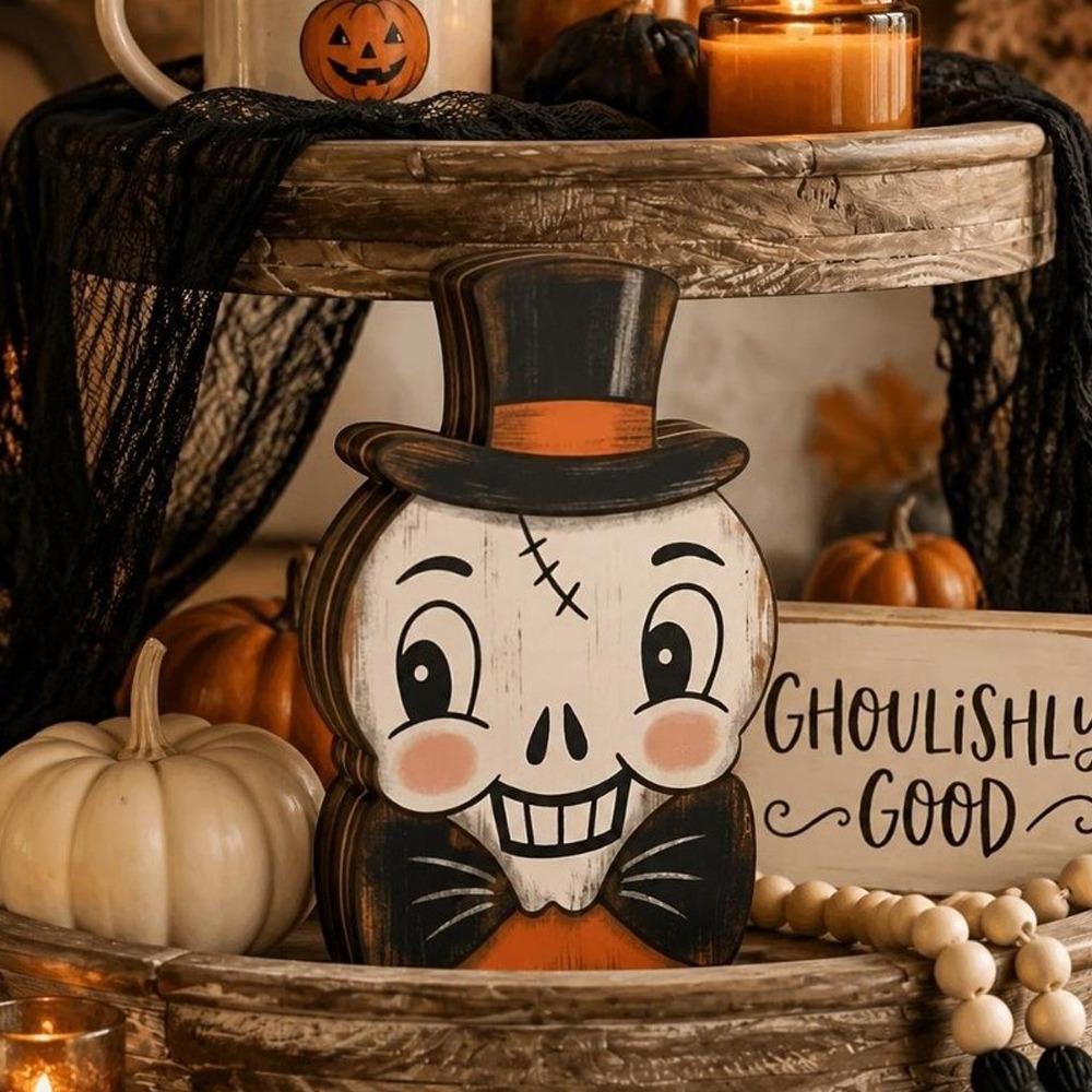 1/6 Pcs 10cm Halloween Tabletop Sign Plywood Halloween Tiered Tray Decor  Indoor