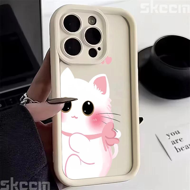 Cute Cartoon Black White Cat Phone Case For iPhone 16 Pro Max 15 14 13 12 11 XS XR X 8 7 15 Plus Shockproof Soft Silicone Cover