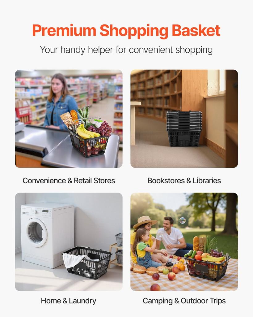 Shopping Baskets, 12 PCS, 21L Stackable PE Plastic Grocery Baskets with Handles, Dense Mesh Structure, Holds up to 9.07kg, Portable for Grocery,