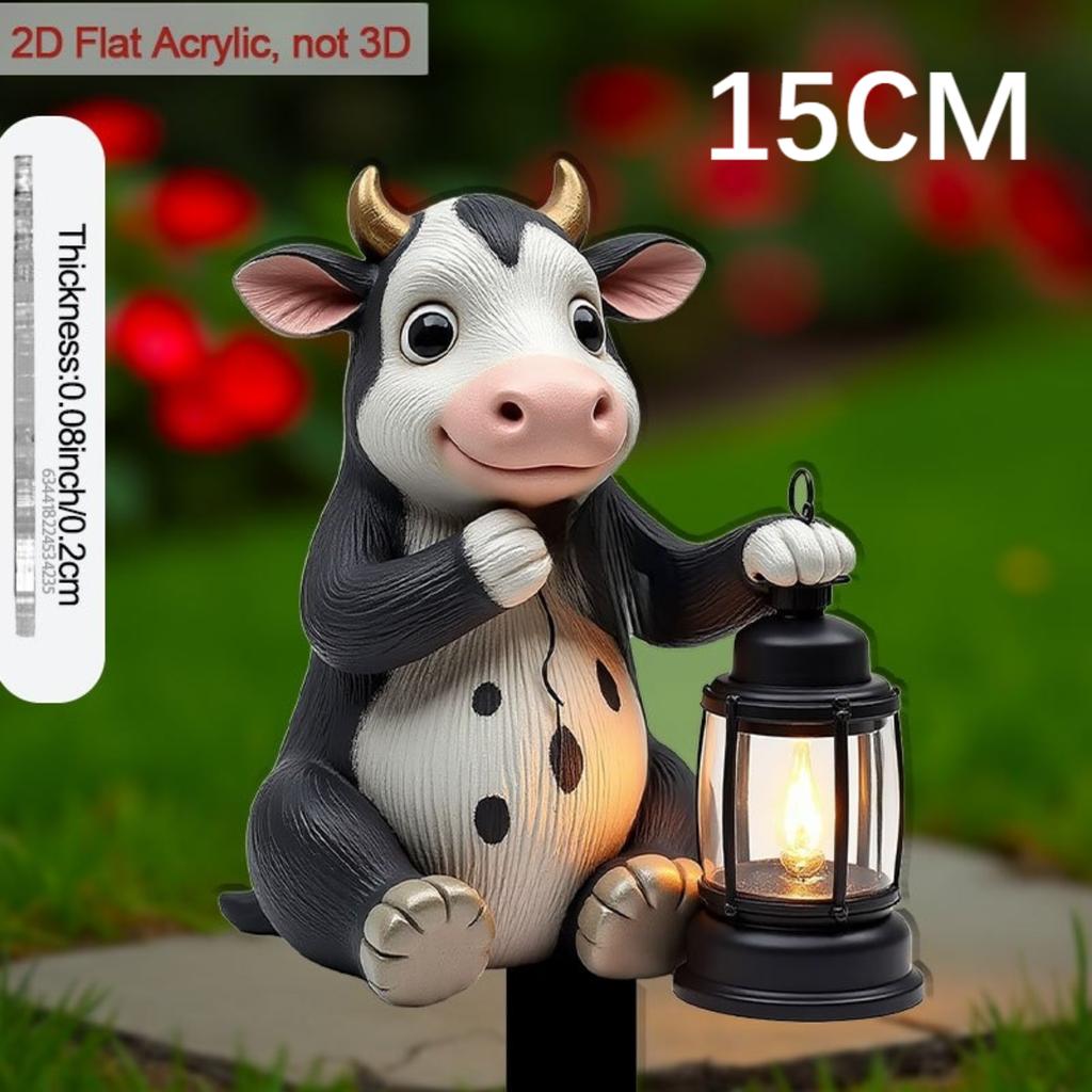 Decorazione Palo da Giardino Acrilico Piatto 2D, Design Carino Mucca & Lanterna per Fioriere, Ideale per Patio Esterno & Regalo