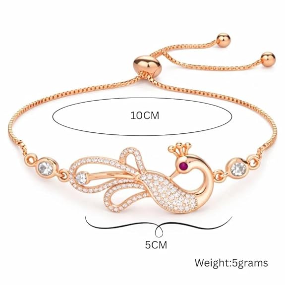 Rose Gold & Silver Plated American Diamond Adjustable Peacock Bracelet, Stylish Fashion Jewellery Gift fo Women