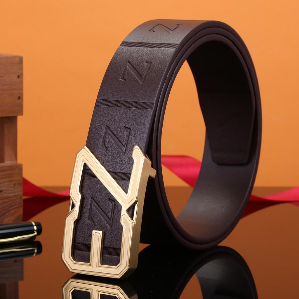 Men's Stainless Steel Z Letter Belt, Genuine Leather, Smooth Buckle, Top Layer Cowhide, Trouser Belt