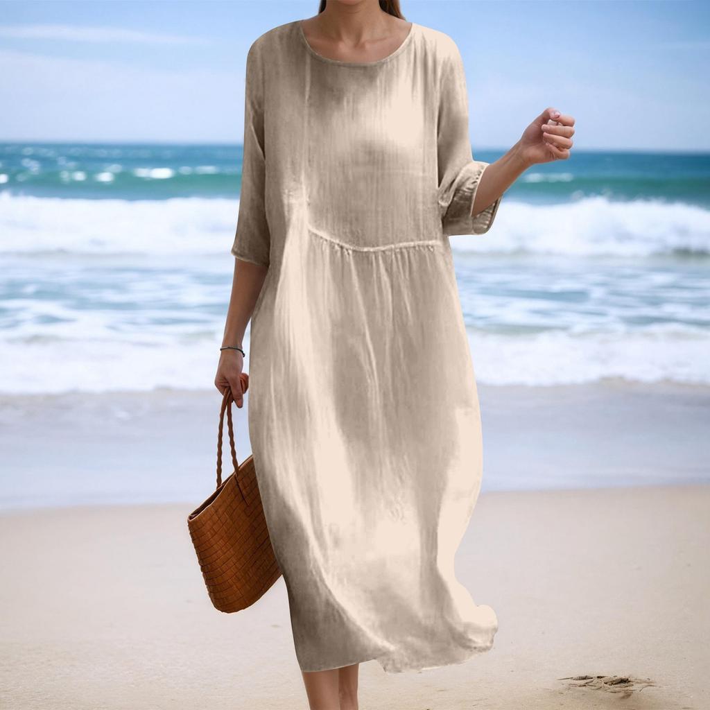 Damska Modna Sukienka o Luźnym Kroju z Okrągłym Dekoltem i Rękawem Siedem Ósmych w Jednolitym Kolorze