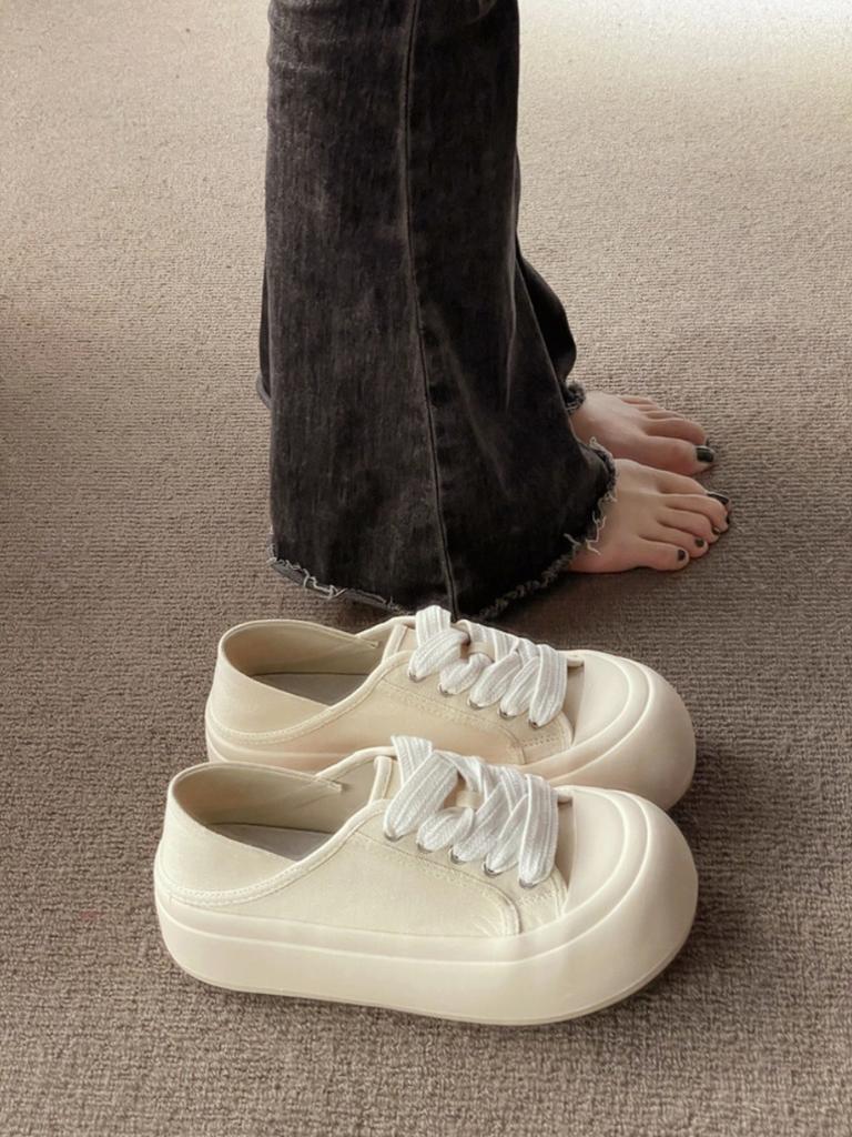 Ugly Cute Big Head Bread Shoes Women's Chic Shoes Versatile 2025 Spring New Two-wear Canvas Shoes Platform White Shoes