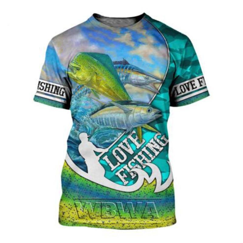 Summer Round Neck Fishing Pattern 3D Print Top Fashionable Casual Short Sleeved Men's T-shirts