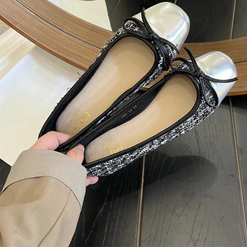 Fashion Patchwork Bowknot Flats Women Square Toe Soft Sole Single Shoes Woman Non Slip Ballet Flat Shoes