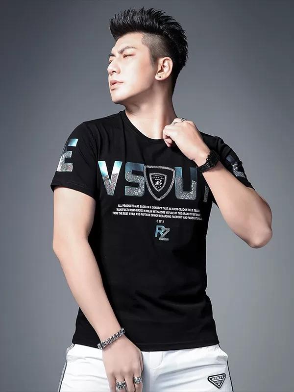 Men's Short Sleeve T-Shirt Trendy Brand Round Neck Half Sleeve Top Summer Fashion Printed Rhinestone T-Shirt