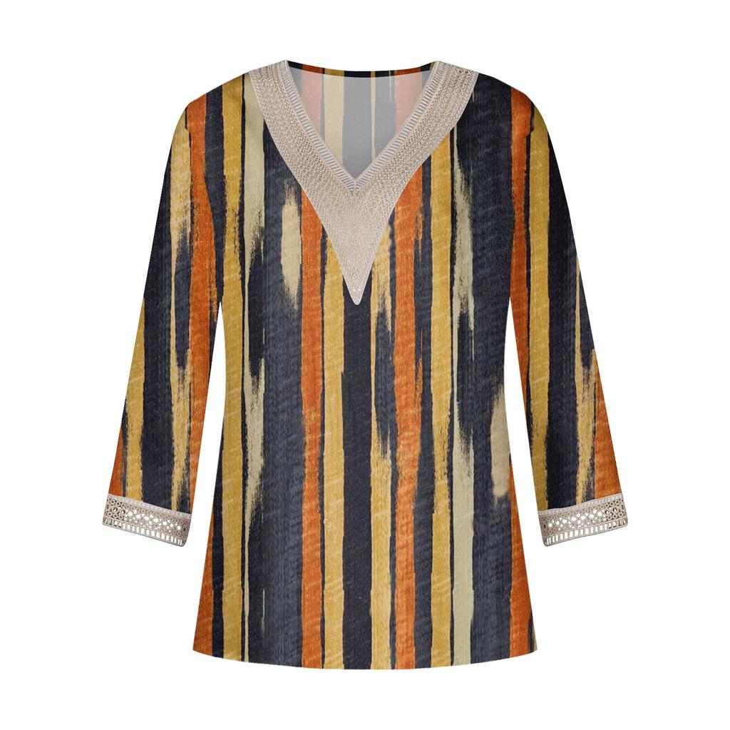 Damen Hemdbluse, lässig, lockere Hemden, 3/4-Ärmel, Spitzenbesatz, Aufdruck, V-Ausschnitt, Oberteile, bedruckte Oberteile, T-Shirts, T-Shirt