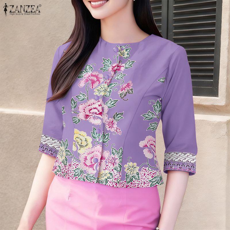 

ZANZEA Women Round Neck 3/4 Sleeve Floral Print Casual Blouse 5XL фиолетовый