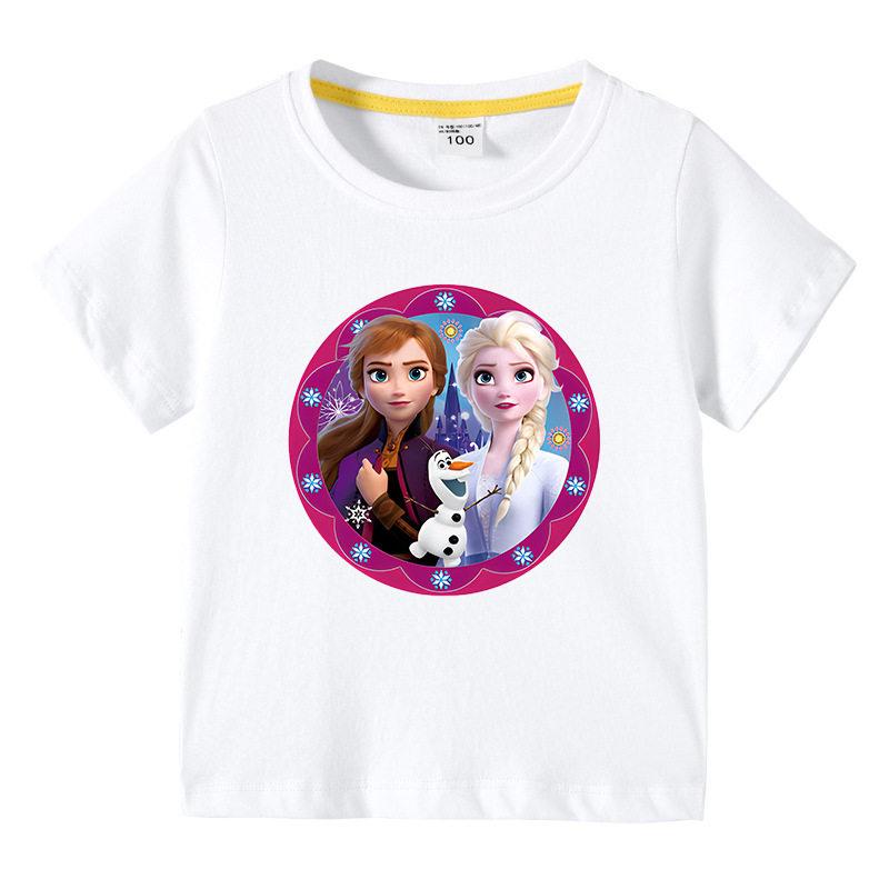 2026 Children's T-shirt Cute Disney Elsa Princess Cartoon Print Pure Cotton Breathable Round Neck Short Sleeve
