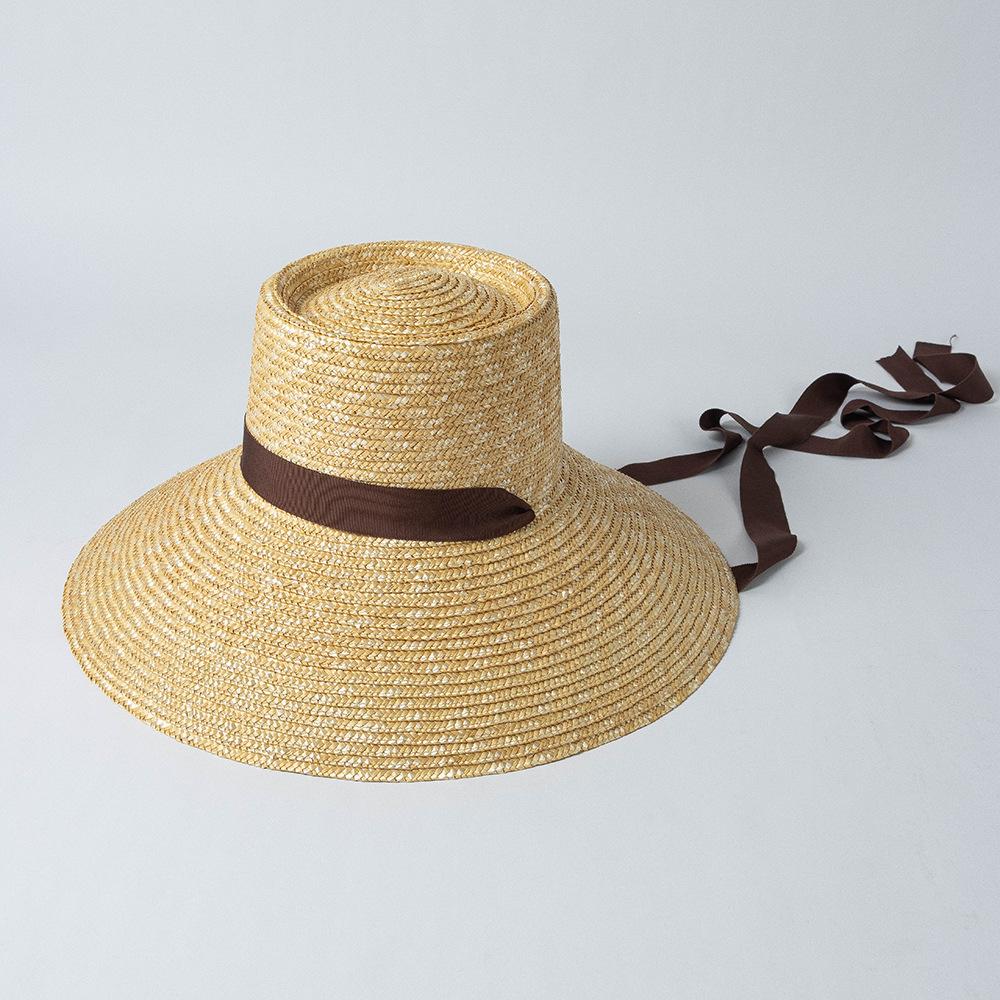 European and American spring and summer new fashionable retro ring top big brim basin type straw straw hat with strap outdoor sunscreen