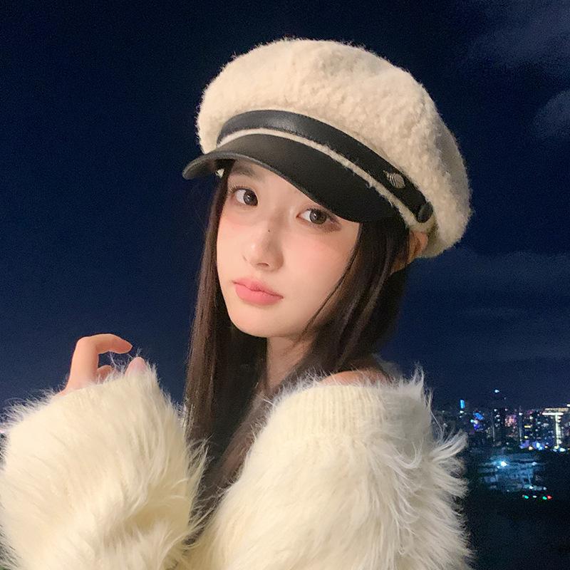 Autumn and Winter New Velvet Leather Buckle Cap Fashion Warm Navy Hat Outdoor Leisure Beret