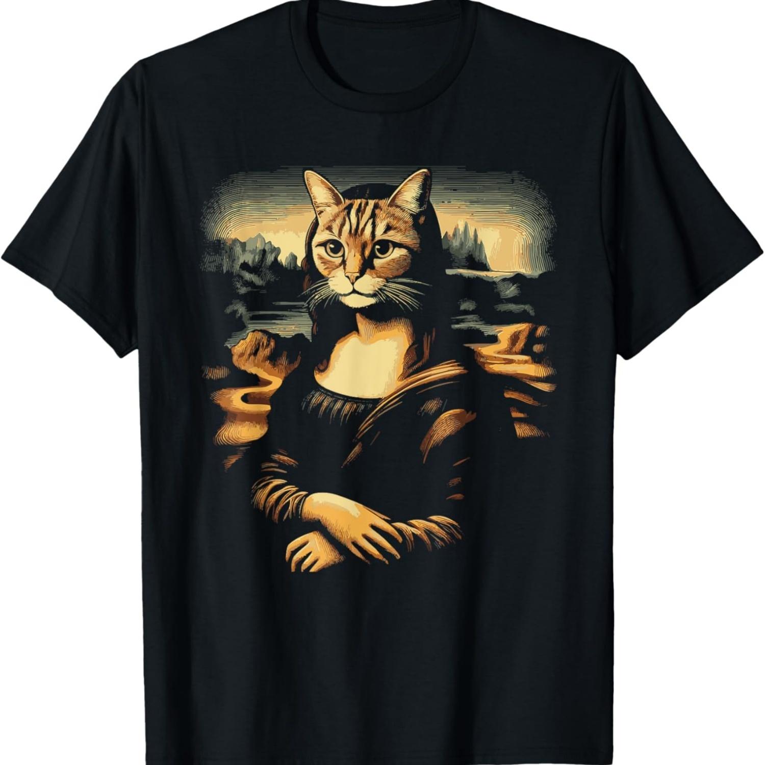 Monalisa With A Cat Face Funny Cat Lover Cat Memes T-Shirt for Men Women Kids S чёрный