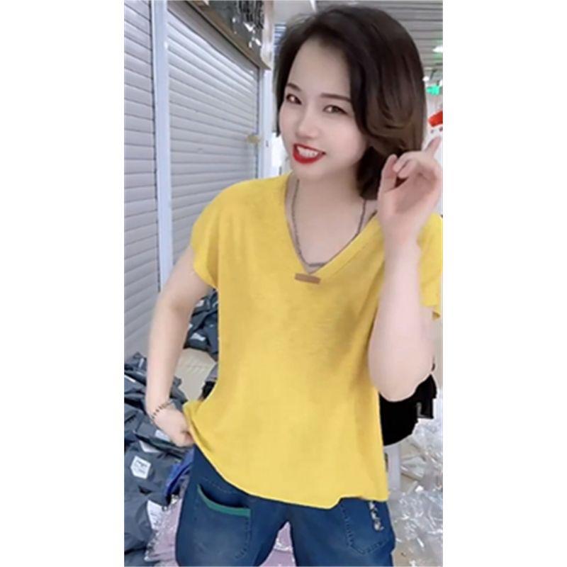 

2024 Summer V Neck Thin Ice Linen Short Sleeve Knitwear Women s Labeling Minimalist Loose Temperament Casual T-shirt Top Yellow All yards