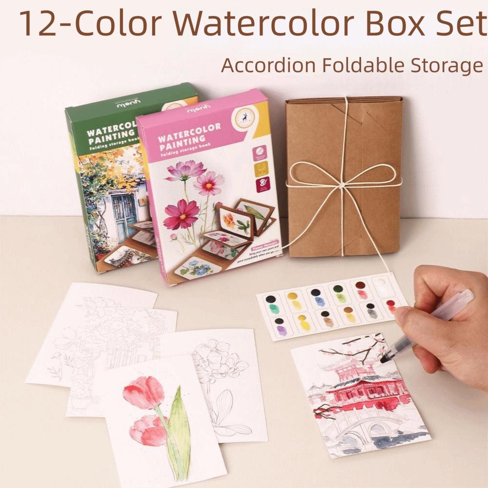12 Colors Solid Pigment Watercolor Painting Book Thick Kraft Paper Watercolor Book Organ Folding Folding Storage Book Adult Kids