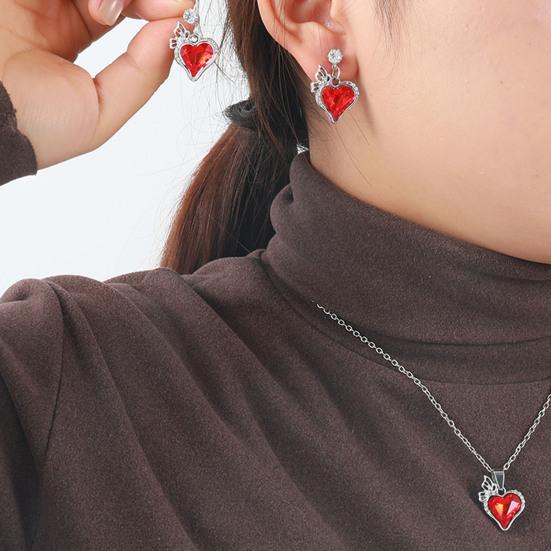 1 Set Love Heart Jewelry Rhinestone Faux Gem Heart Necklace And Earrings Women Heart Pendant Jewelry Set for Wedding Valentine's Day Gift