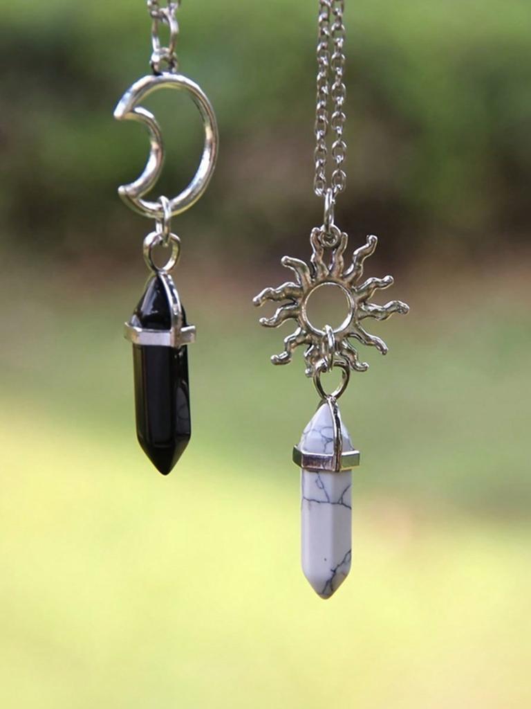 Vintage Sun And Moon Black And Natural Stone Hexagonal Column Necklace Set