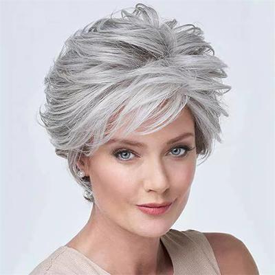 Synthetic Short Grey Wig for Women Natural Curly Wigs with Bangs Grandmother Gifts Old Lady Costume Daily Cosplay Grandma Use
