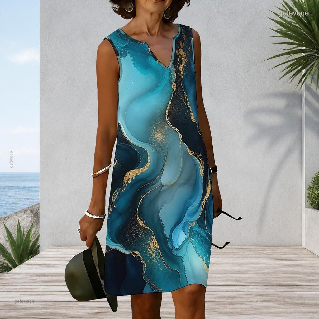Women Plus Size Sleeveless V Neck Tank Dress Teal Blue Gold Marble Print