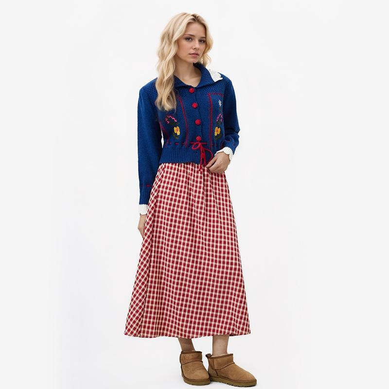 

Осенняя женская клетчатая кружевная юбка свободного покроя с кружевным принтом и шнуровкой L красный