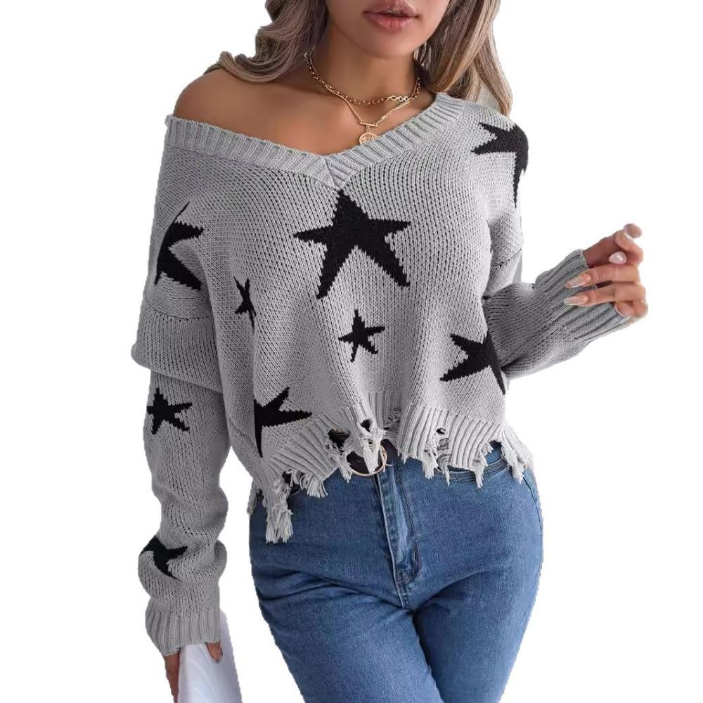Autumn/Winter Casual V-Neck Star-Print Distressed Long-Sleeved Knitted Pullover for Women