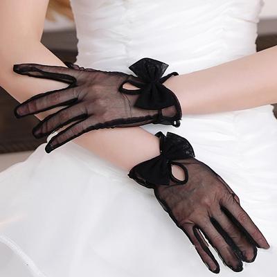 Guantes Cortos de Gasa con Lazo para Mujer Negros Transparentes Sexy Encaje Calado Tul Guantes Accesorios para Vestido de Novia