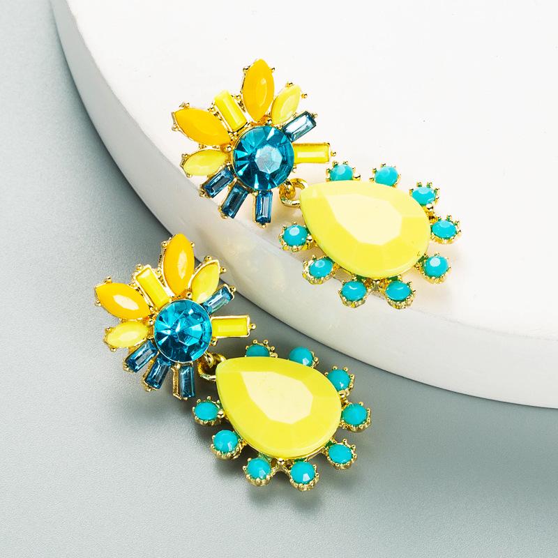 European & American Teardrop Flower Earrings: Rhinestone-Studded Alloy with Silver Studs, Colorful Fashion Jewelry for Women